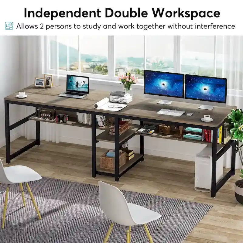 Brown / White / Black / Grey / Light Gray Industrial Double Workstation Desk with Bookshelves – 2-Person