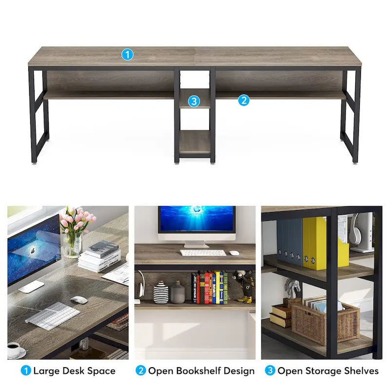 Bureau double industriel avec étagères – 2 personnes – Marron / Blanc / Noir / Gris / Gris clair