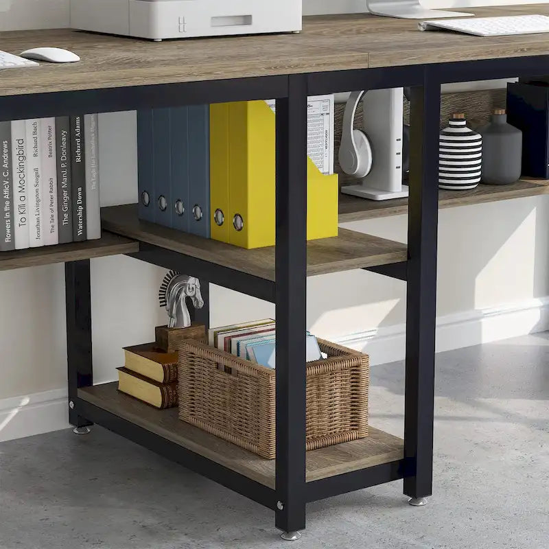 Bureau double industriel avec étagères – 2 personnes – Marron / Blanc / Noir / Gris / Gris clair