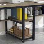 Bureau double industriel avec étagères – 2 personnes – Marron / Blanc / Noir / Gris / Gris clair