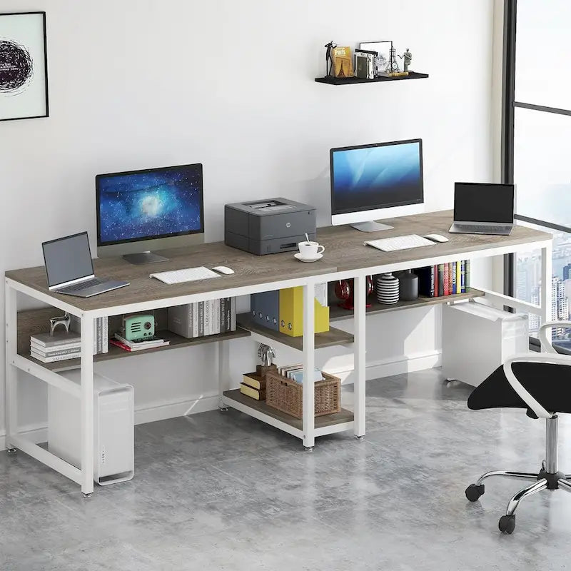 Bureau double industriel avec étagères – 2 personnes – Marron / Blanc / Noir / Gris / Gris clair