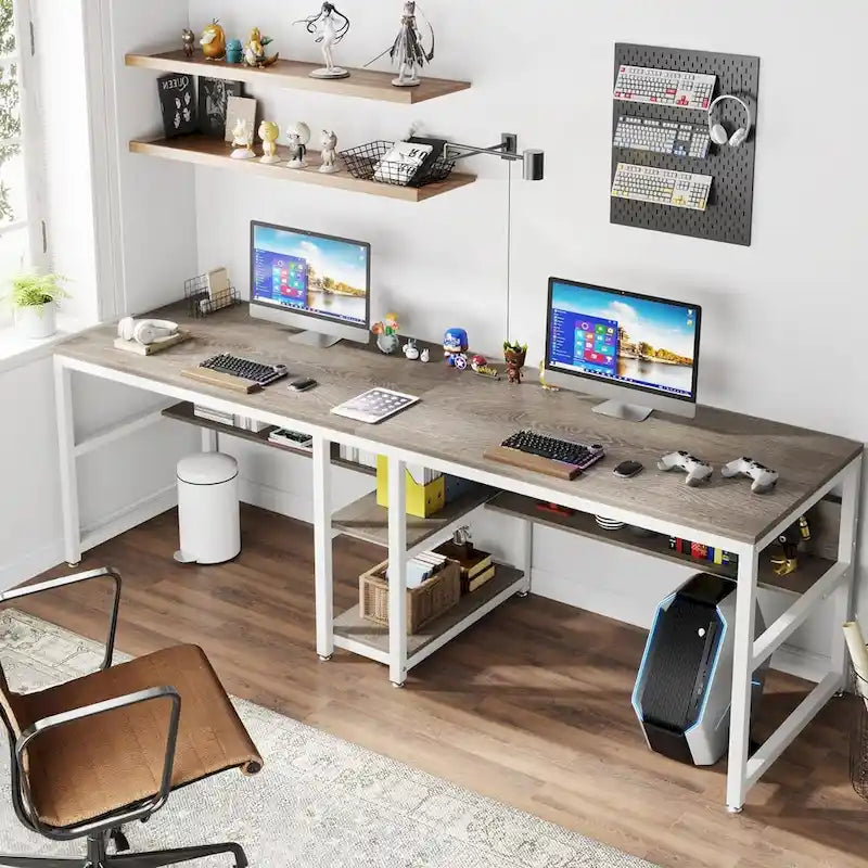 Bureau double industriel avec étagères – 2 personnes – Marron / Blanc / Noir / Gris / Gris clair