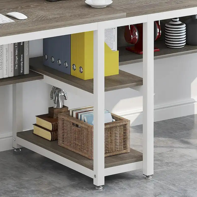 Bureau double industriel avec étagères – 2 personnes – Marron / Blanc / Noir / Gris / Gris clair