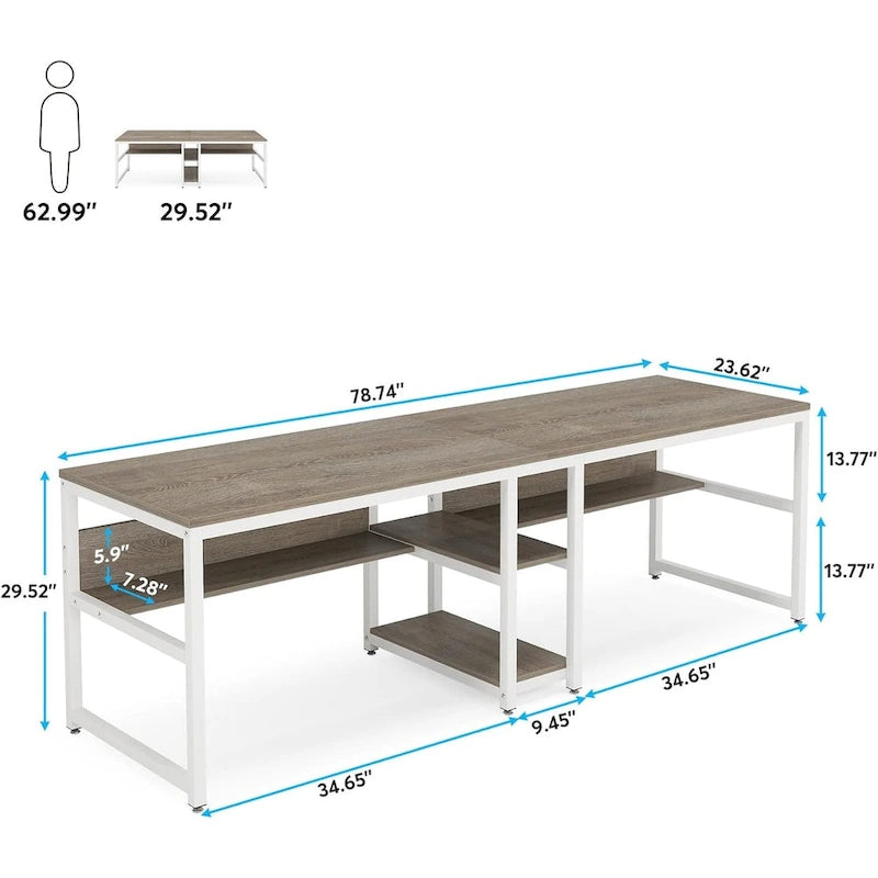 Bureau double industriel avec étagères – 2 personnes – Marron / Blanc / Noir / Gris / Gris clair