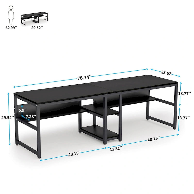 Bureau double industriel avec étagères – 2 personnes – Marron / Blanc / Noir / Gris / Gris clair