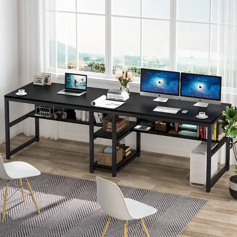 Bureau double industriel avec étagères – 2 personnes – Marron / Blanc / Noir / Gris / Gris clair