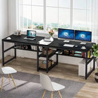 Bureau double industriel avec étagères – 2 personnes – Marron / Blanc / Noir / Gris / Gris clair