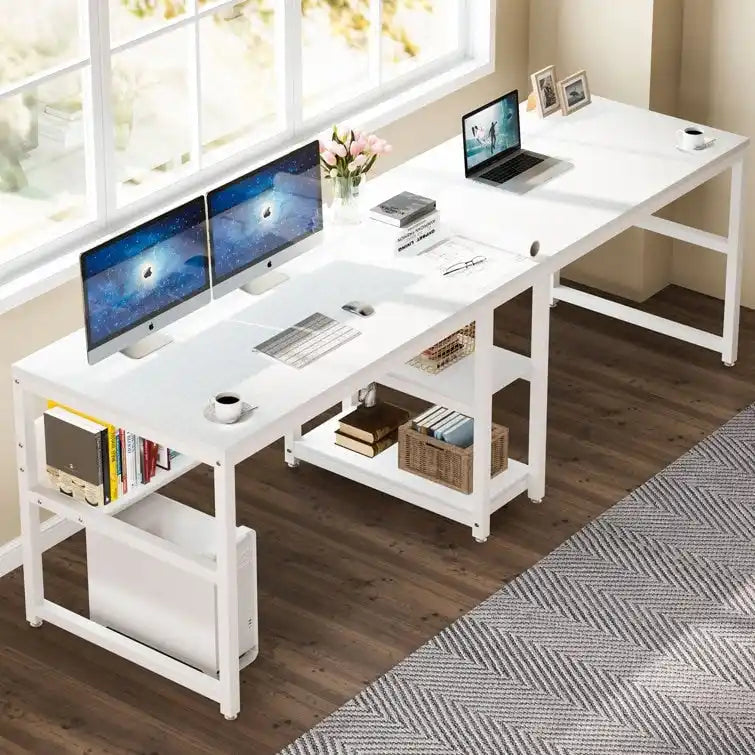 Bureau double industriel avec étagères – 2 personnes – Marron / Blanc / Noir / Gris / Gris clair