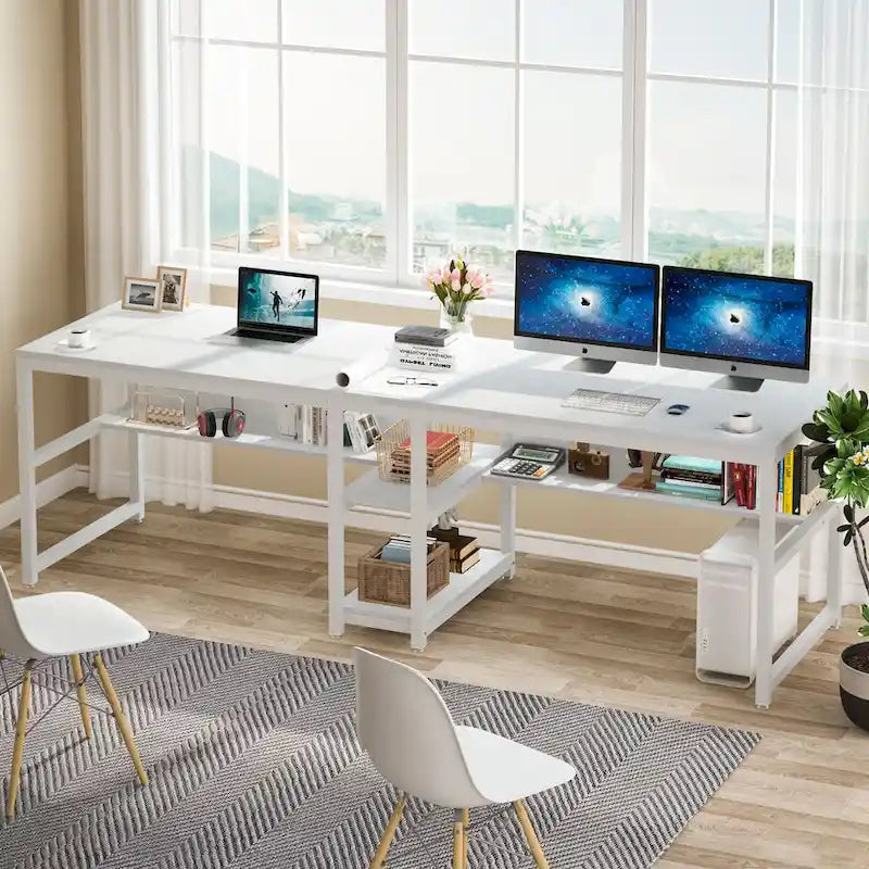 Bureau double industriel avec étagères – 2 personnes – Marron / Blanc / Noir / Gris / Gris clair