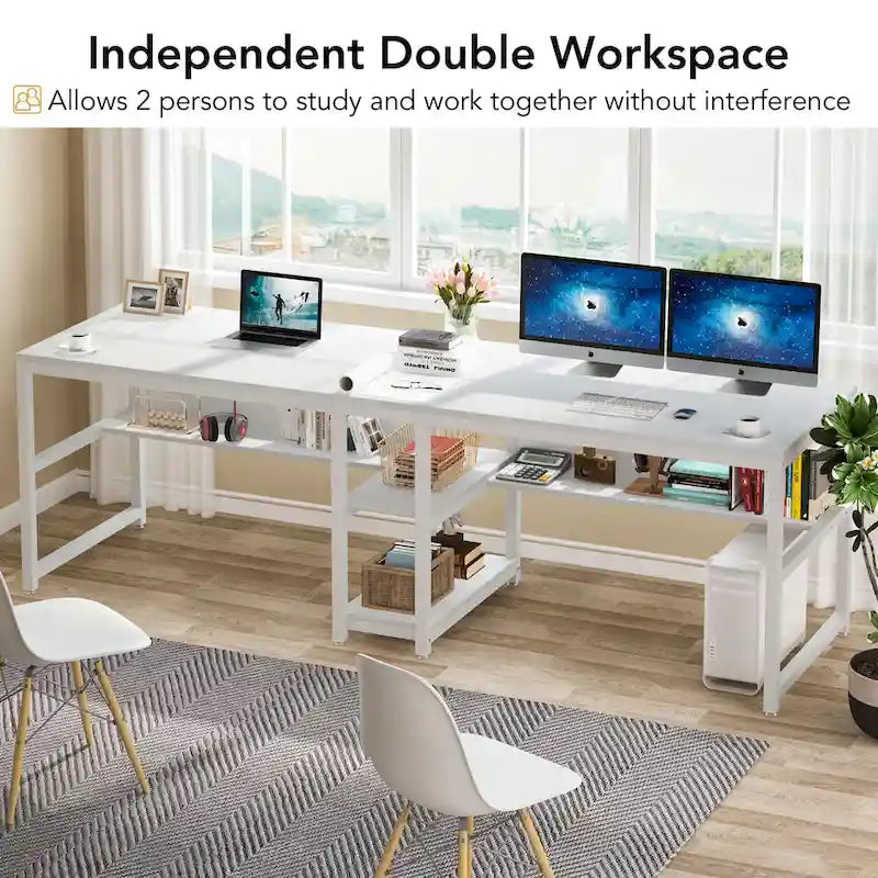 Bureau double industriel avec étagères – 2 personnes – Marron / Blanc / Noir / Gris / Gris clair
