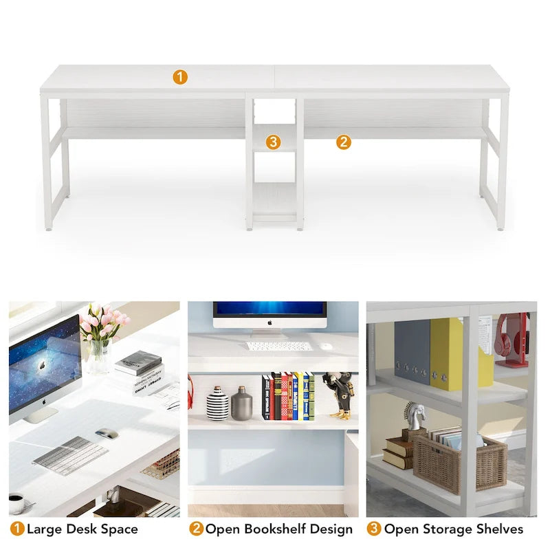 Bureau double industriel avec étagères – 2 personnes – Marron / Blanc / Noir / Gris / Gris clair