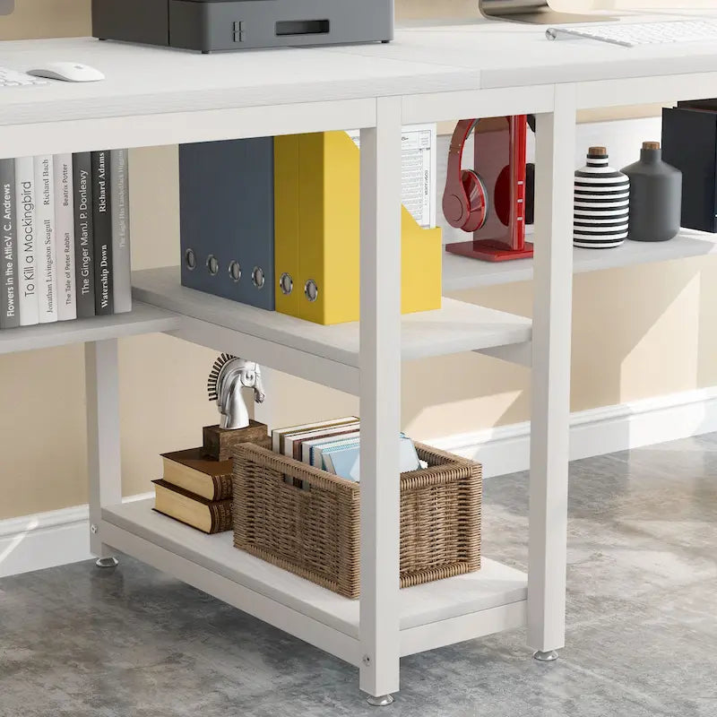 Bureau double industriel avec étagères – 2 personnes – Marron / Blanc / Noir / Gris / Gris clair