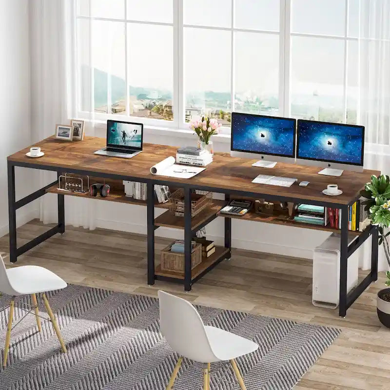 Bureau double industriel avec étagères – 2 personnes – Marron / Blanc / Noir / Gris / Gris clair