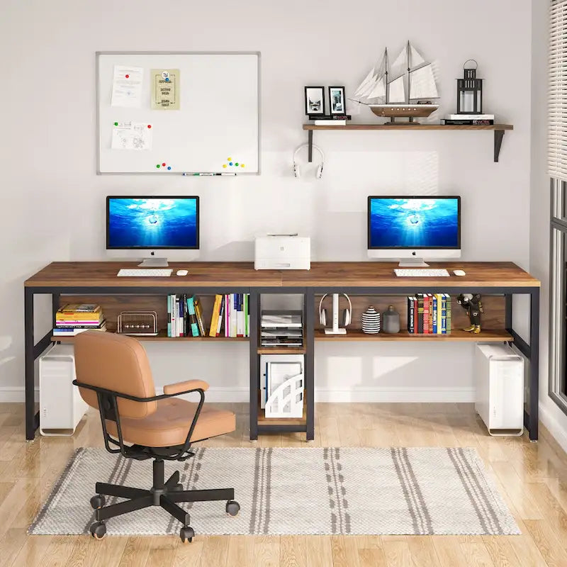 Bureau double industriel avec étagères – 2 personnes – Marron / Blanc / Noir / Gris / Gris clair