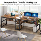 Bureau double industriel avec étagères – 2 personnes – Marron / Blanc / Noir / Gris / Gris clair