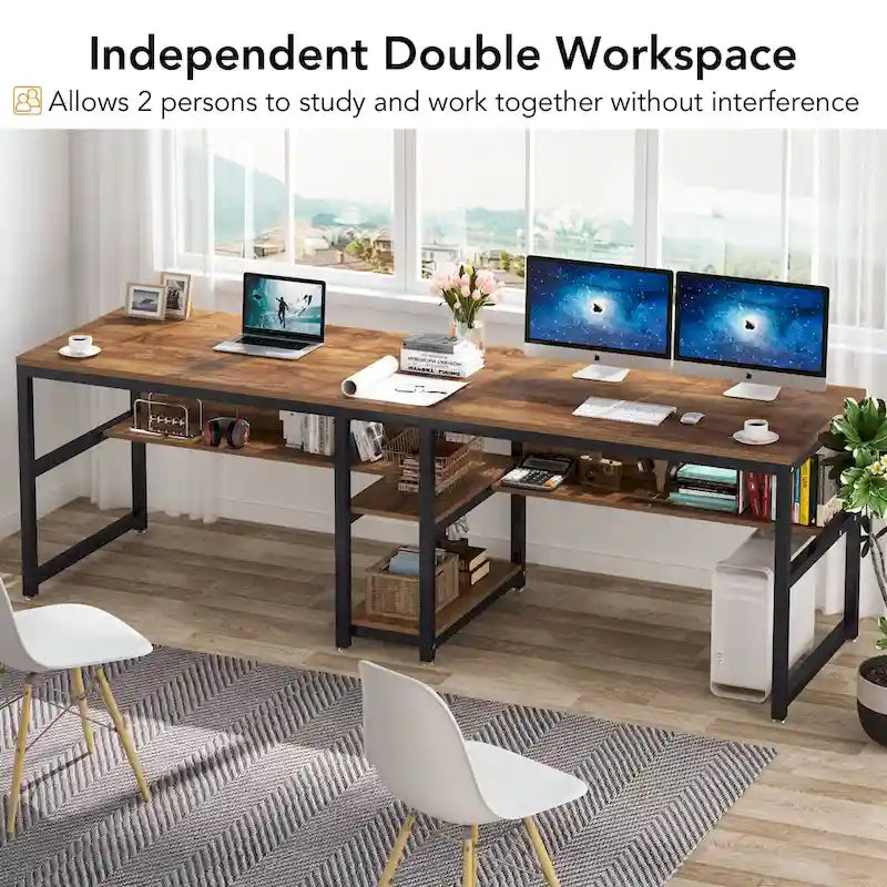 Bureau double industriel avec étagères – 2 personnes – Marron / Blanc / Noir / Gris / Gris clair