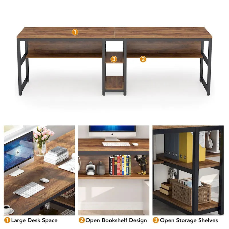 Bureau double industriel avec étagères – 2 personnes – Marron / Blanc / Noir / Gris / Gris clair
