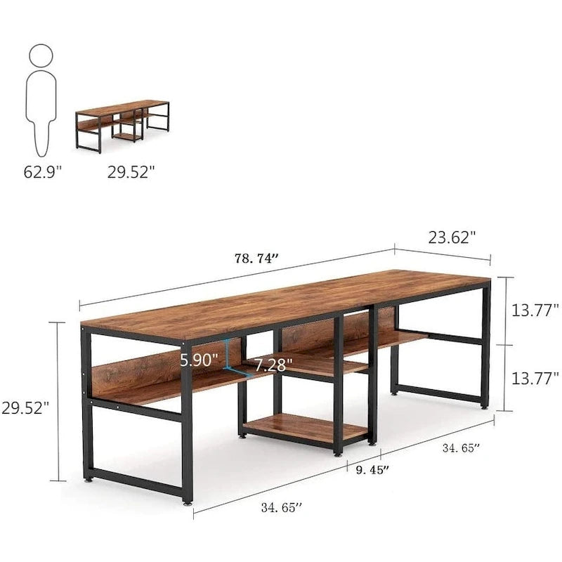 Bureau double industriel avec étagères – 2 personnes – Marron / Blanc / Noir / Gris / Gris clair