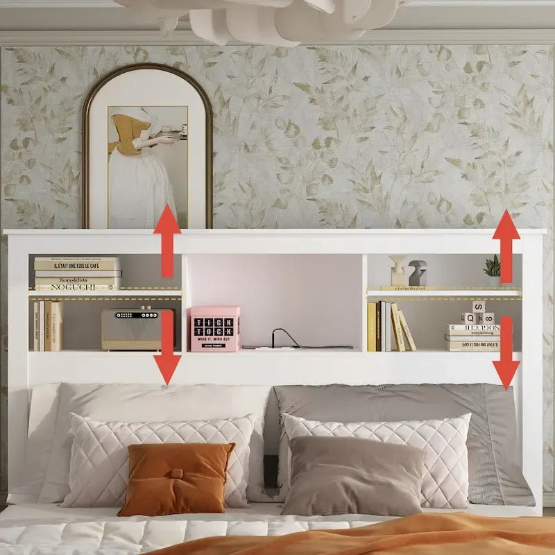 Tête de lit bibliothèque blanche avec lumières LED RGB et étagères réglables – Lit Queen, Lit simple