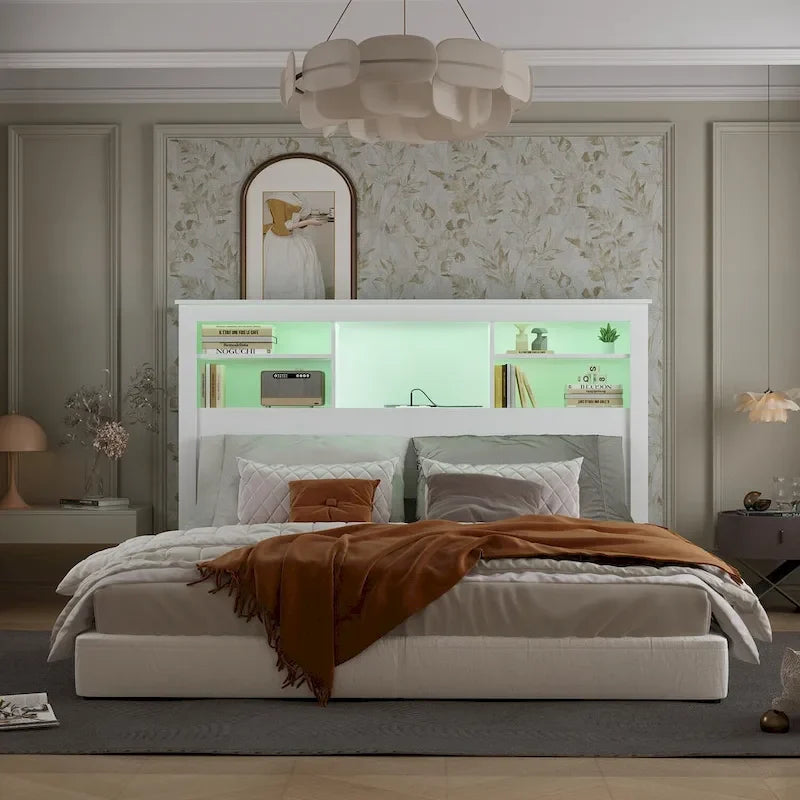 Tête de lit bibliothèque blanche avec lumières LED RGB et étagères réglables – Lit Queen, Lit simple