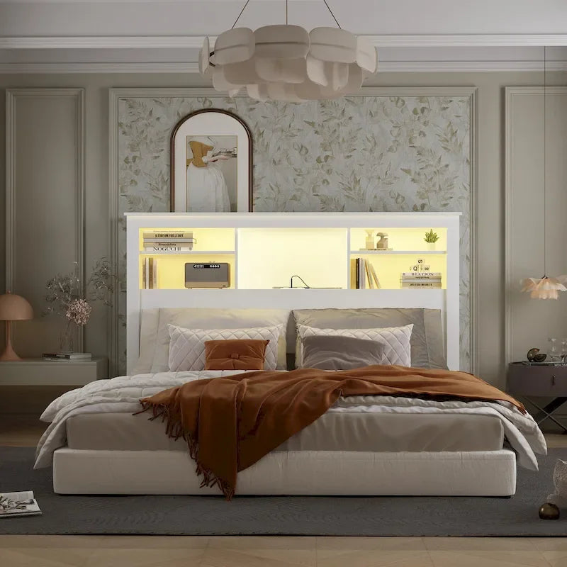 Tête de lit bibliothèque blanche avec lumières LED RGB et étagères réglables – Lit Queen, Lit simple