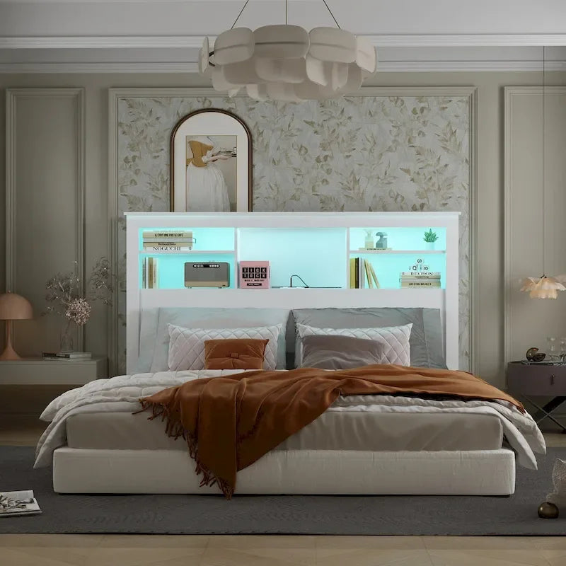 Tête de lit bibliothèque blanche avec lumières LED RGB et étagères réglables – Lit Queen, Lit simple