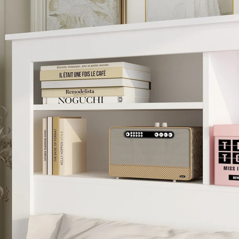 Tête de lit bibliothèque blanche avec lumières LED RGB et étagères réglables – Lit Queen, Lit simple