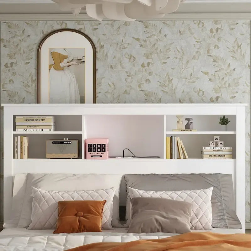 Tête de lit bibliothèque blanche avec lumières LED RGB et étagères réglables – Lit Queen, Lit simple
