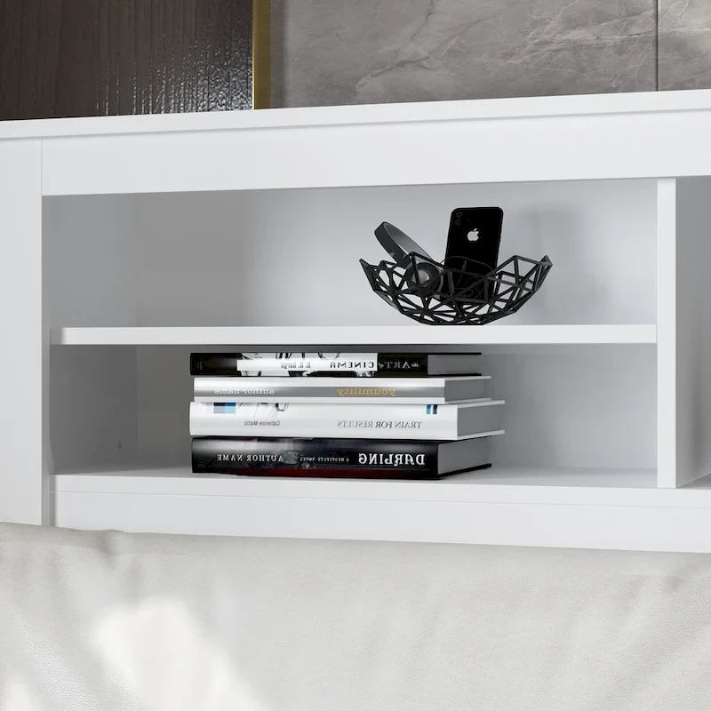 Tête de lit bibliothèque blanche avec lumières LED RGB et étagères réglables – Lit Queen, Lit simple