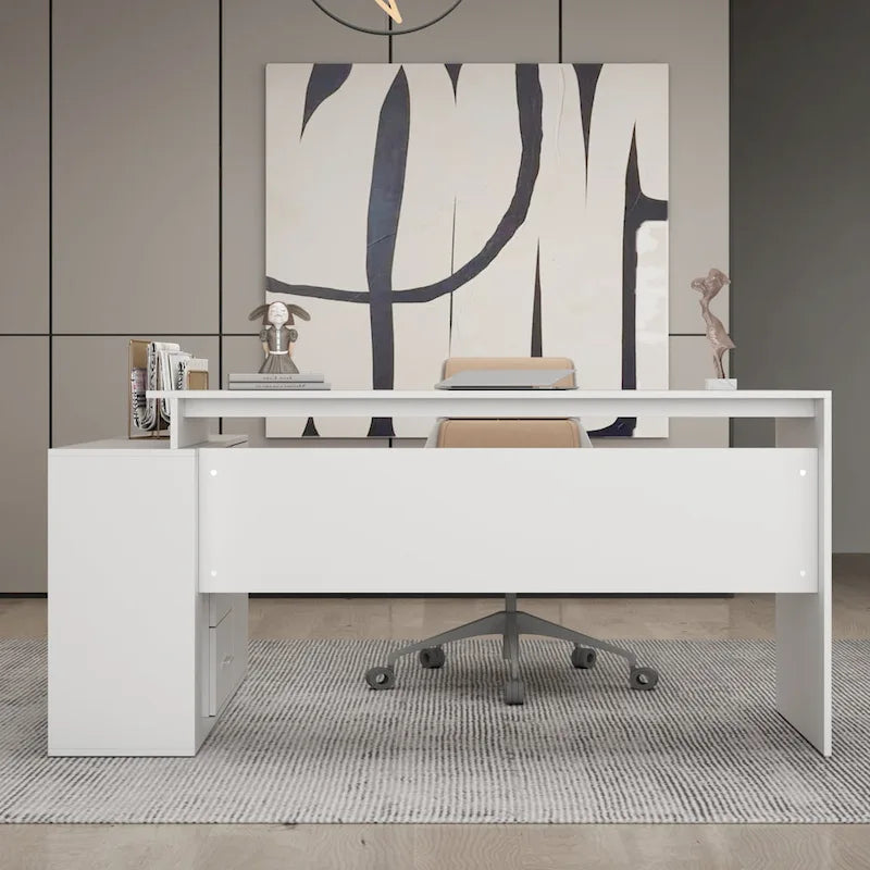 55" L-Shaped Corner Computer Desk with Drawers and Closed Cabinet – White, for 1 Person