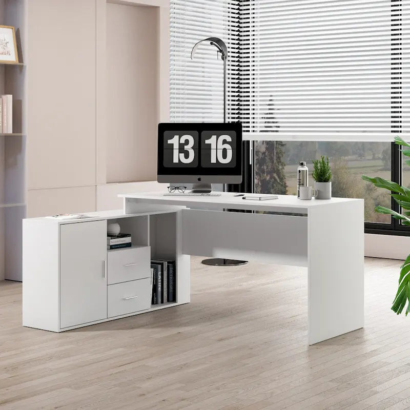 55" L-Shaped Corner Computer Desk with Drawers and Closed Cabinet – White, for 1 Person