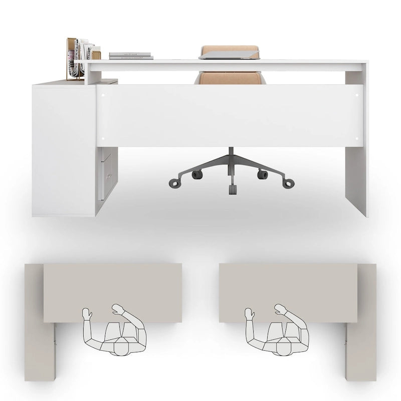 55" L-Shaped Corner Computer Desk with Drawers and Closed Cabinet – White, for 1 Person
