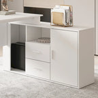 Bureau d'ordinateur d'angle en forme de L de 140 cm avec tiroirs et armoire fermée – Blanc, pour 1 personne