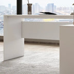 Bureau d'ordinateur d'angle en forme de L de 140 cm avec tiroirs et armoire fermée – Blanc, pour 1 personne