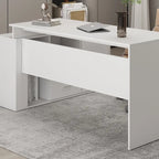 Bureau d'ordinateur d'angle en forme de L de 140 cm avec tiroirs et armoire fermée – Blanc, pour 1 personne