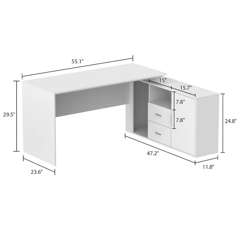 55" L-Shaped Corner Computer Desk with Drawers and Closed Cabinet – White, for 1 Person