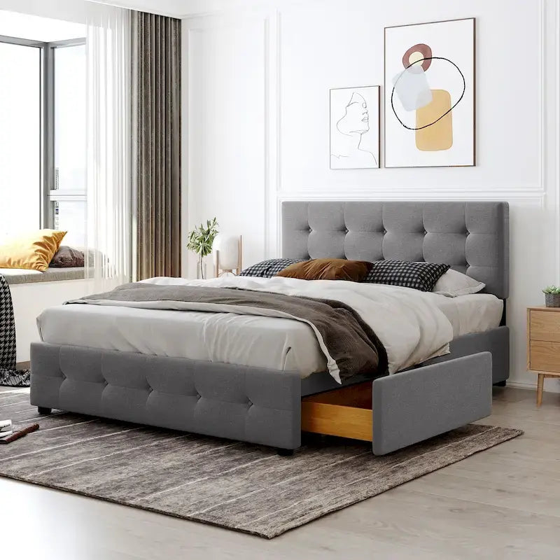 White / Dark Gray / Beige / Light Gray Linen Button-Tufted Platform Bed with 4 Storage Drawers – Queen, 2-Person