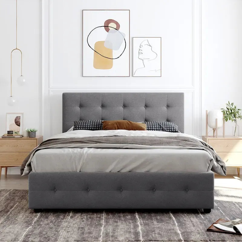 White / Dark Gray / Beige / Light Gray Linen Button-Tufted Platform Bed with 4 Storage Drawers – Queen, 2-Person