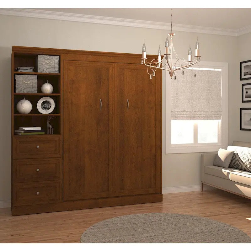 Lit escamotable grand modèle (84" l.) avec organisateur de penderie et tiroirs, blanc/marron Toscane – Couchage simple