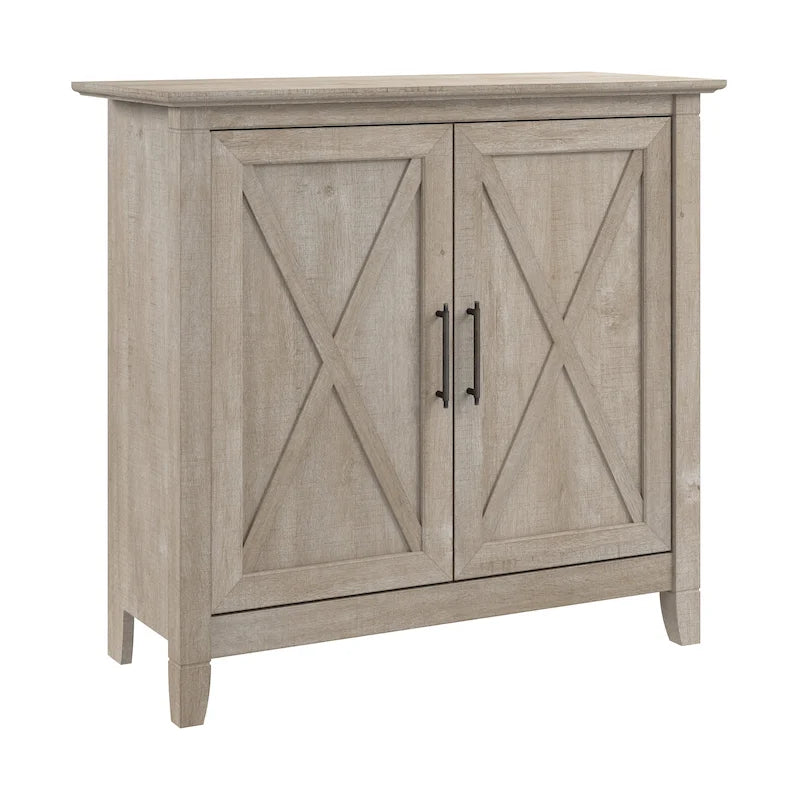 Farmhouse 2-Door Storage Cabinet with X-Pattern Accents and Adjustable Shelf – Cape Cod Gray / Washed Gray / Pure White Oak, for 1 Person