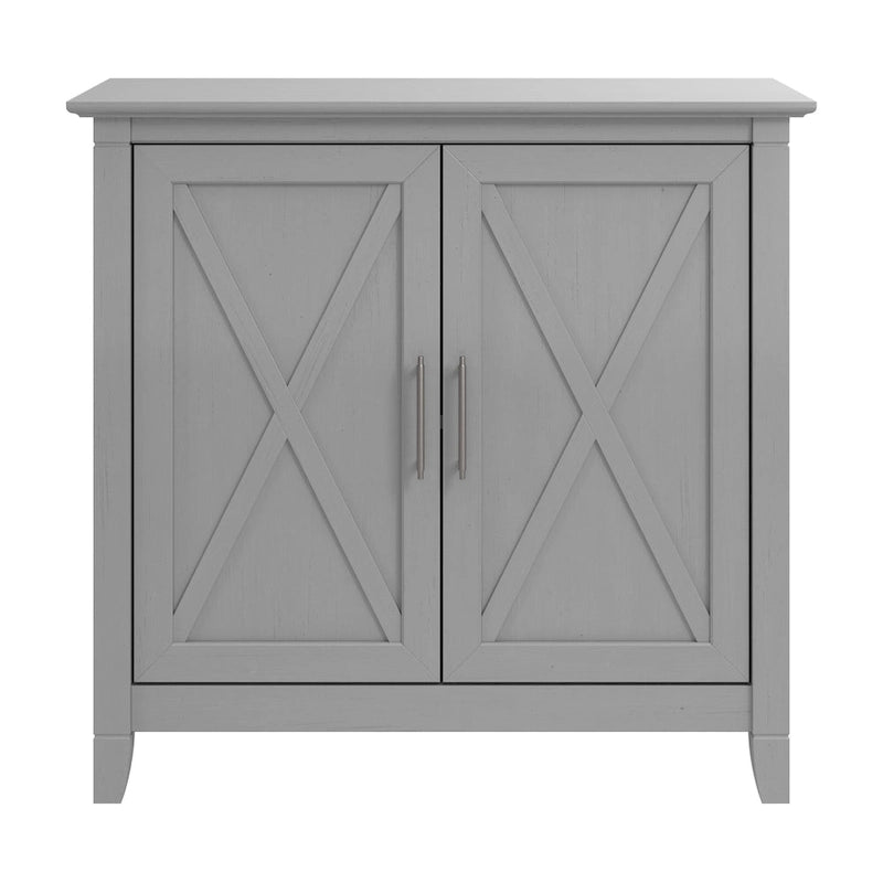Farmhouse 2-Door Storage Cabinet with X-Pattern Accents and Adjustable Shelf – Cape Cod Gray / Washed Gray / Pure White Oak, for 1 Person