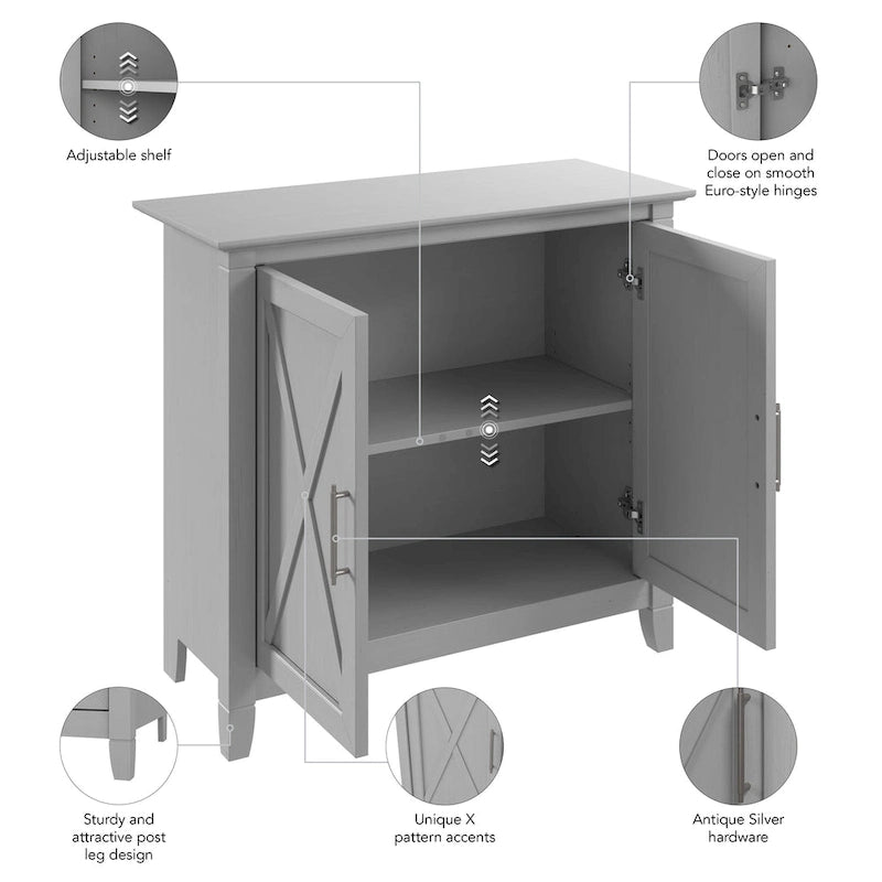 Meuble de rangement à 2 portes de style ferme avec motifs en X et étagère réglable – Gris Cape Cod / Gris délavé / Chêne blanc pur, pour 1 personne