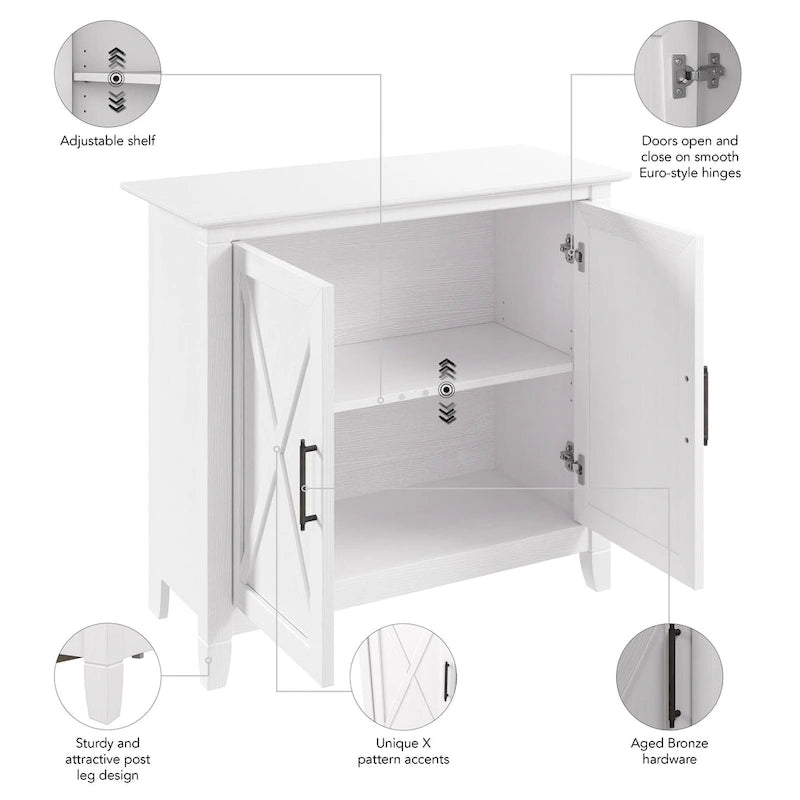 Meuble de rangement à 2 portes de style ferme avec motifs en X et étagère réglable – Gris Cape Cod / Gris délavé / Chêne blanc pur, pour 1 personne