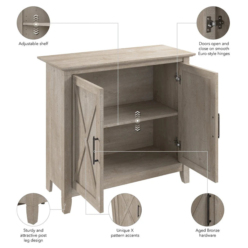 Meuble de rangement à 2 portes de style ferme avec motifs en X et étagère réglable – Gris Cape Cod / Gris délavé / Chêne blanc pur, pour 1 personne