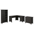 Bureau d'angle en L avec classeur latéral et bibliothèque – Noir vintage, pour 1 personne