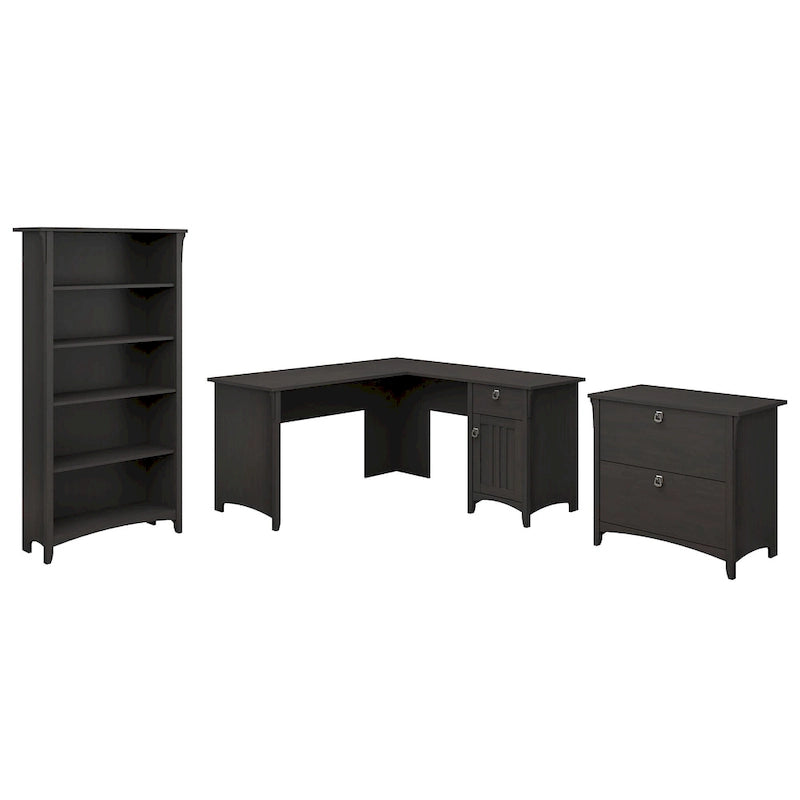 L-Shaped Corner Desk with Lateral File Cabinet and Bookcase – Vintage Black, for 1 Person