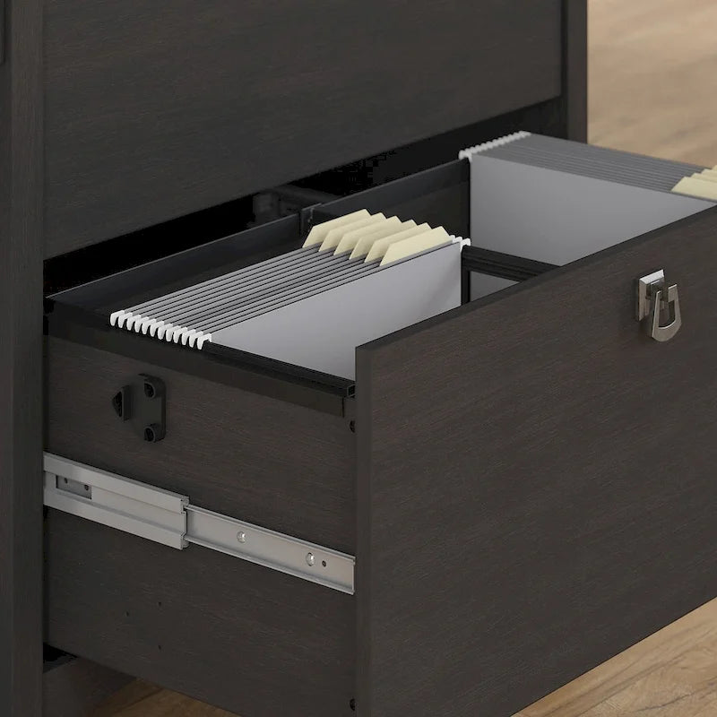 Bureau d'angle en L avec classeur latéral et bibliothèque – Noir vintage, pour 1 personne