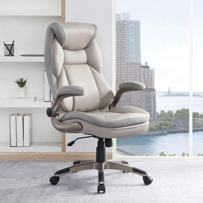 Fauteuil de bureau de direction en cuir reconstitué avec soutien lombaire, inclinaison verrouillable et accoudoirs relevables – Taupe / Noir / Anthracite, pour 1 personne