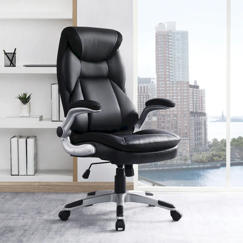 Fauteuil de bureau de direction en cuir reconstitué avec soutien lombaire, inclinaison verrouillable et accoudoirs relevables – Taupe / Noir / Anthracite, pour 1 personne