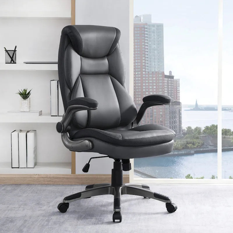 Fauteuil de bureau de direction en cuir reconstitué avec soutien lombaire, inclinaison verrouillable et accoudoirs relevables – Taupe / Noir / Anthracite, pour 1 personne